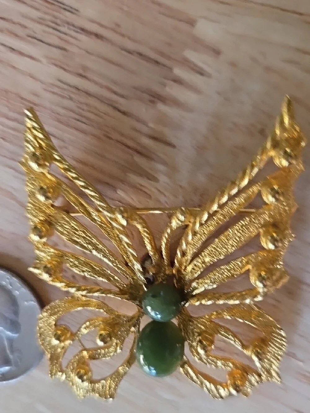 Gold-Tone Butterfly Brooch with Green Jade Accents